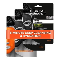 Men Expert Set of 3 Moisturizing & Cleansing Tissue Masks, L'OREAL PARIS