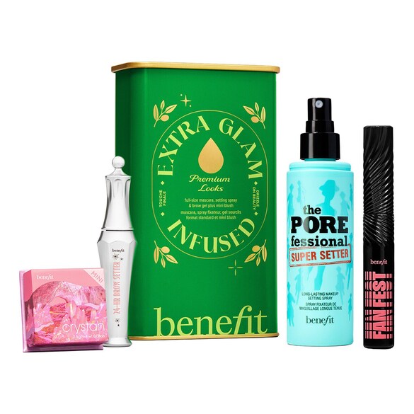 Extra Glam Infused - μάσκαρα, τζελ φρυδιών, settting spray χριστουγεννιάτικο σετ, Benefit Cosmetics